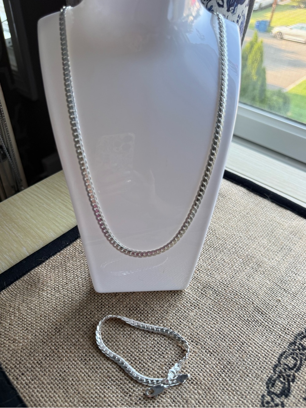 Sterling Silver Curb Chain Necklace and Bracelet Set - Silver